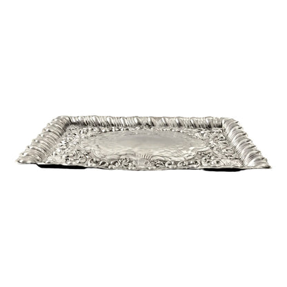 Art Nouveau sterling silver dressing table tray with embossed flowers, scrolls and leaves