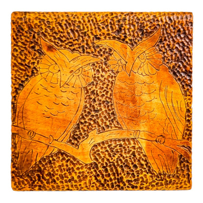 American 1910's Arts & Crafts pokerwork Flemish art pyrography box with owl birds