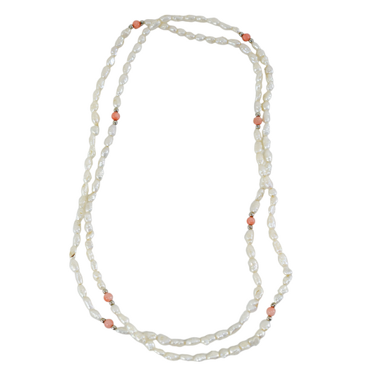 Vintage single strand white baroque pearl princess necklace with coral bead spacers
