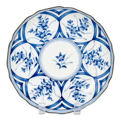 Vintage Japanese blue and white porcelain scalloped plate with flowers