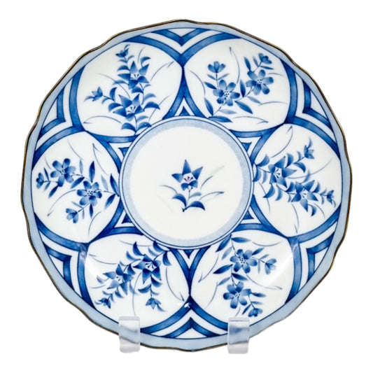 Vintage Japanese blue and white porcelain scalloped plate with flowers