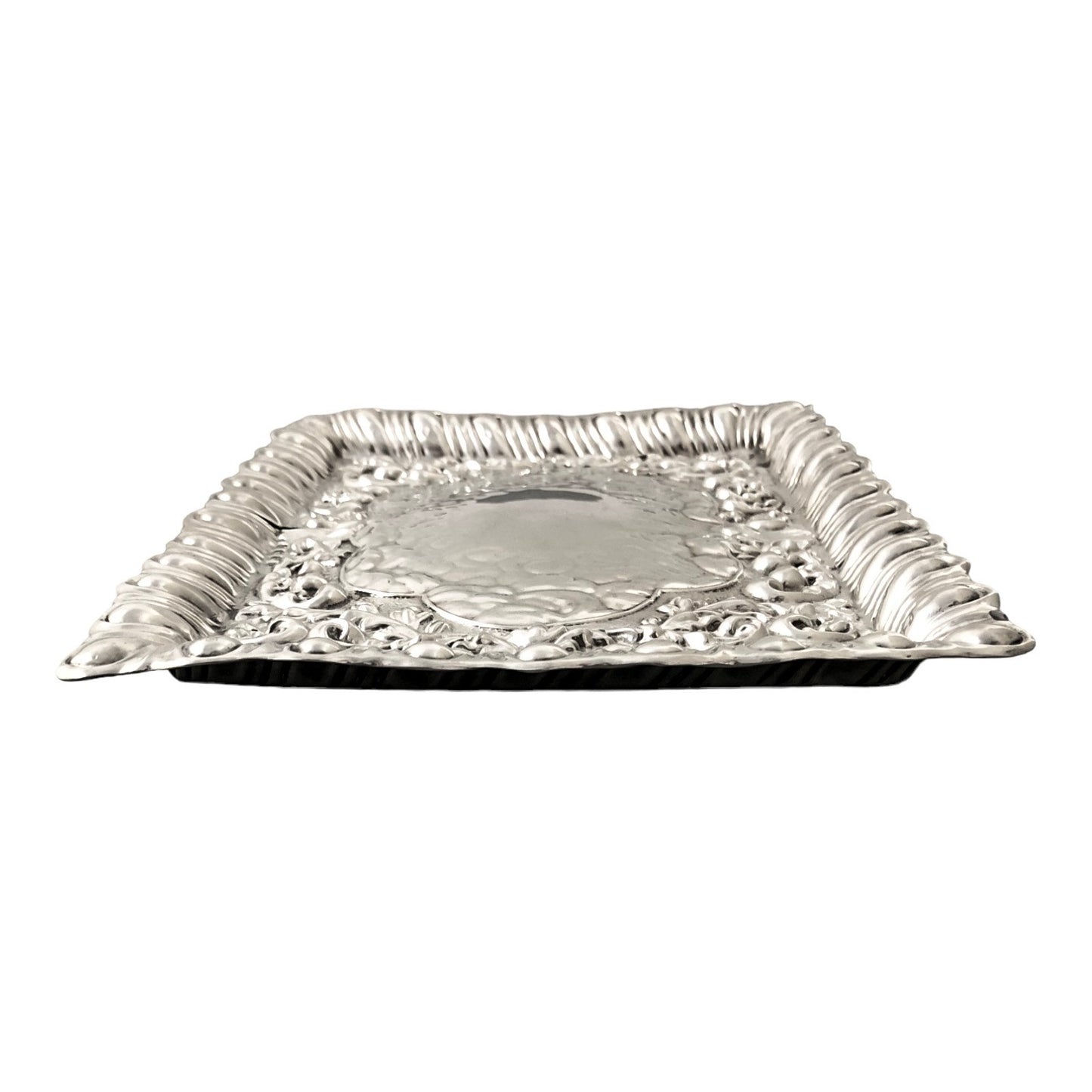 Art Nouveau sterling silver dressing table tray with embossed flowers, scrolls and leaves
