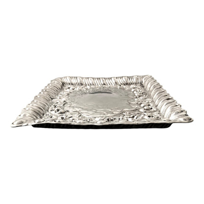 Art Nouveau sterling silver dressing table tray with embossed flowers, scrolls and leaves