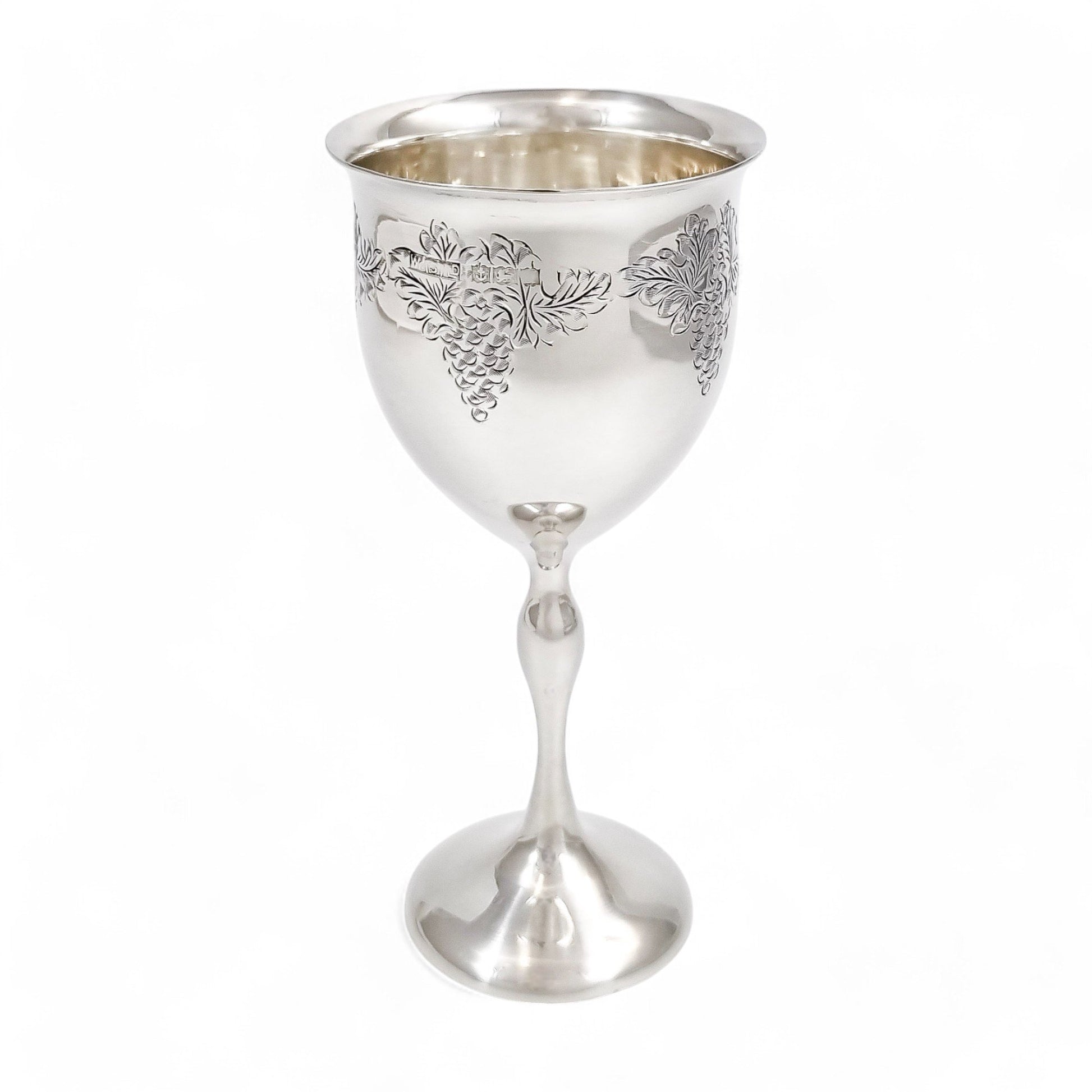 Vintage English sterling silver Kiddush cup with grapevine engraving, Jewish ceremonial goblet, 1969