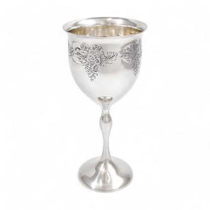 Vintage English sterling silver Kiddush cup with grapevine engraving, Jewish ceremonial goblet, 1969