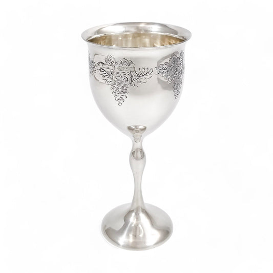 Vintage English sterling silver Kiddush cup with grapevine engraving, Jewish ceremonial goblet, 1969