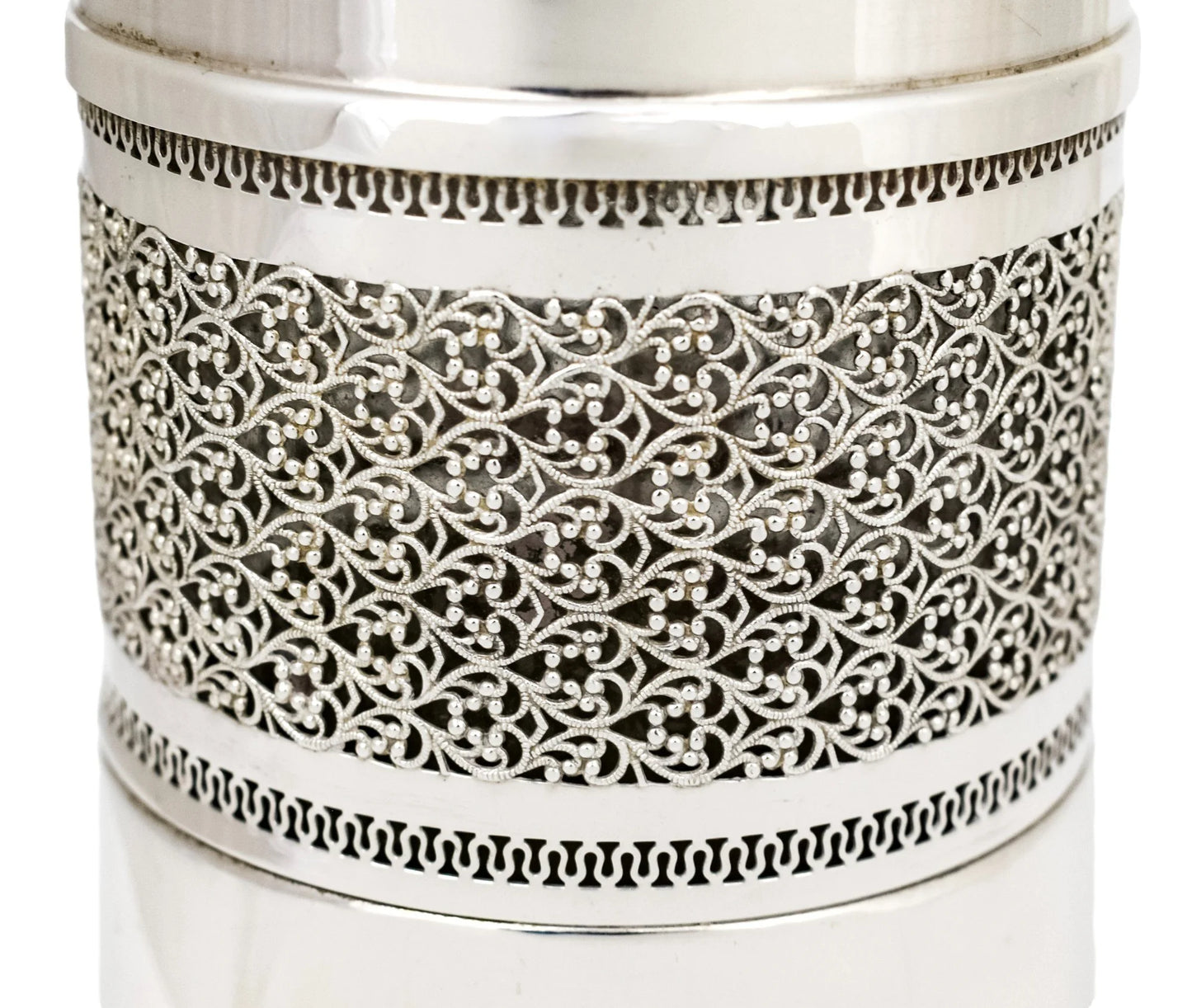 Vintage silver plated bottle sleeve with Arabesque scrolling lattice design, A. Segal