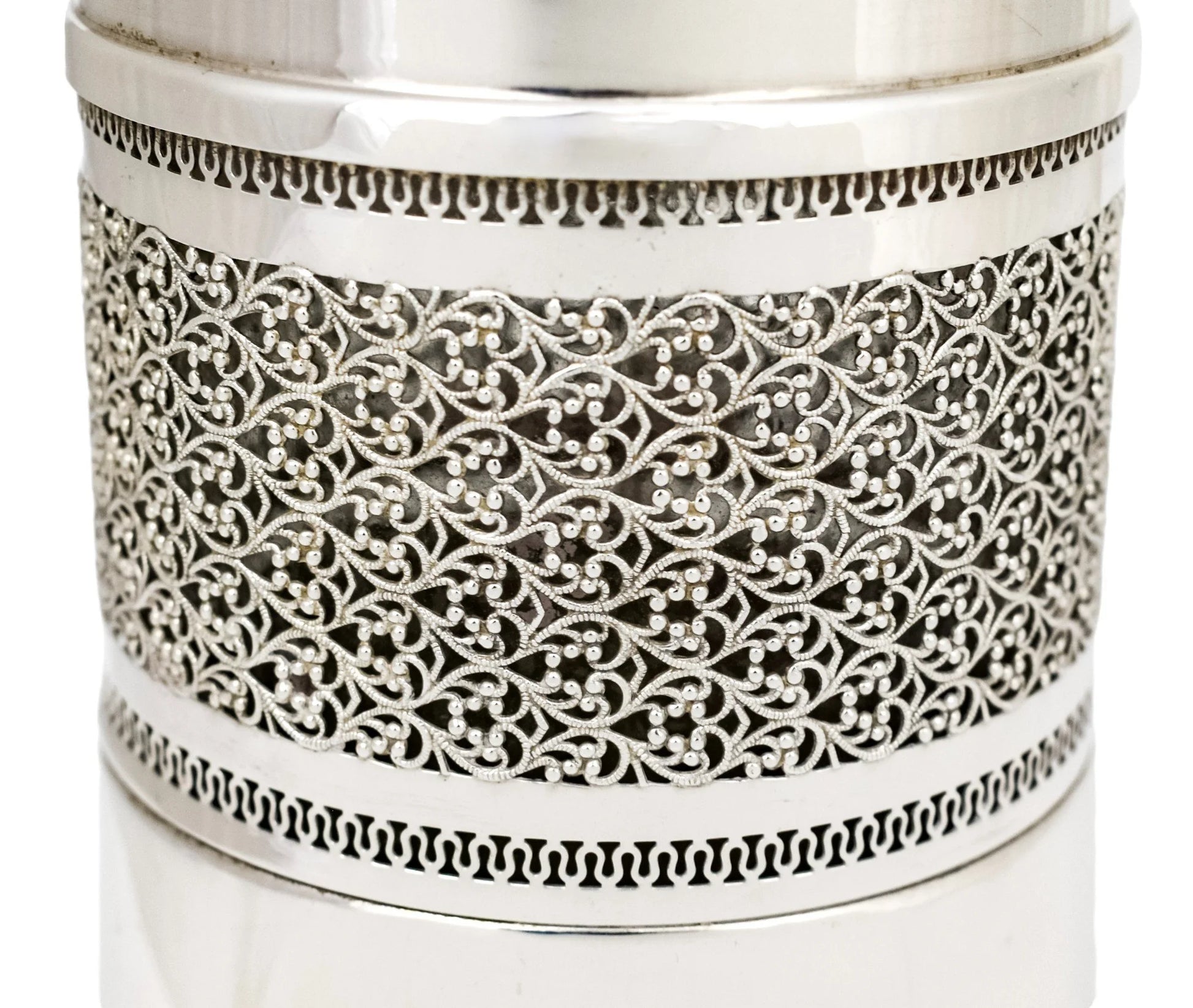 Vintage silver plated bottle sleeve with Arabesque scrolling lattice design, A. Segal