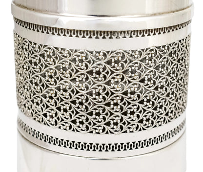 Vintage silver plated bottle sleeve with Arabesque scrolling lattice design, A. Segal