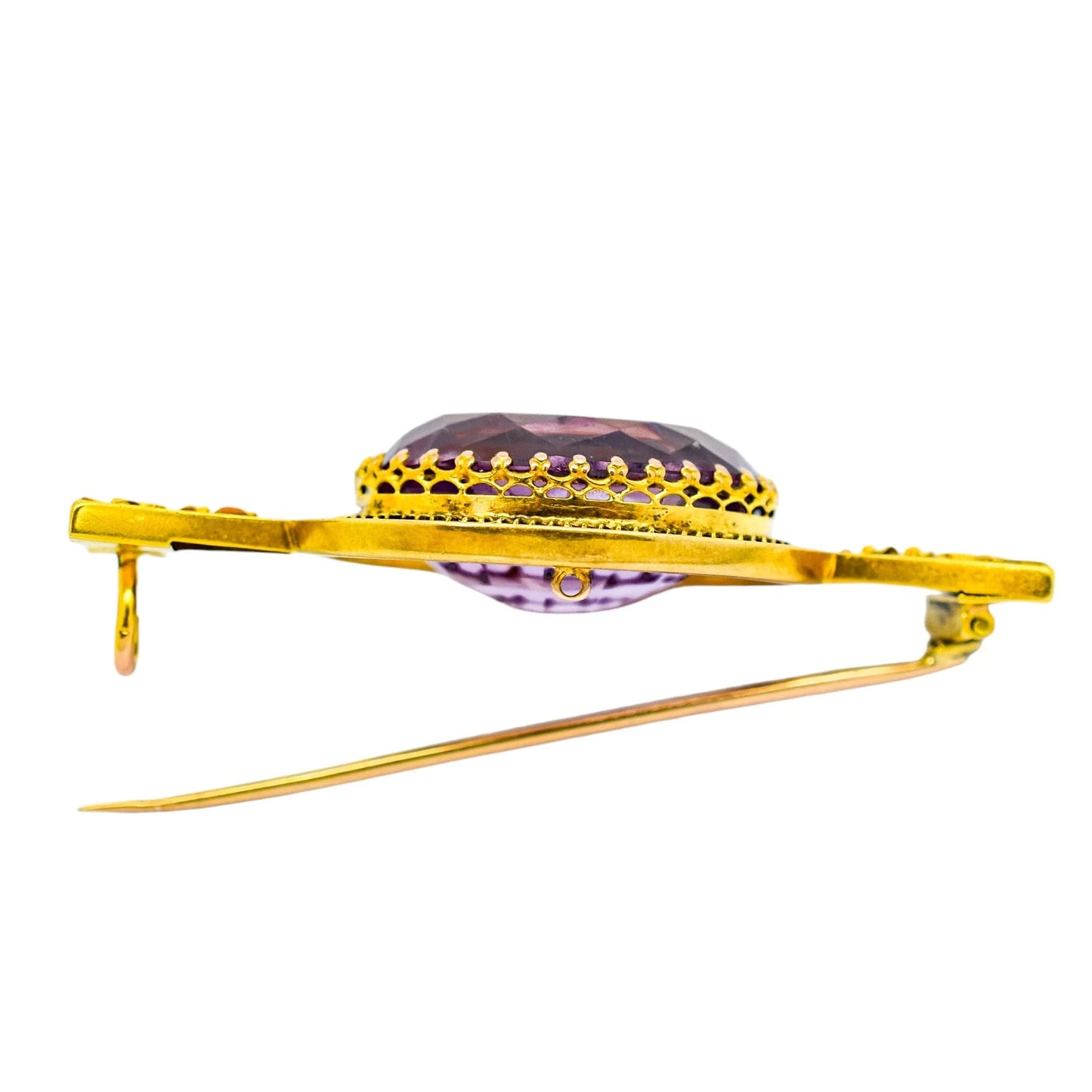 Victorian Etruscan 18ct gold brooch with 28ct amethyst, 1892