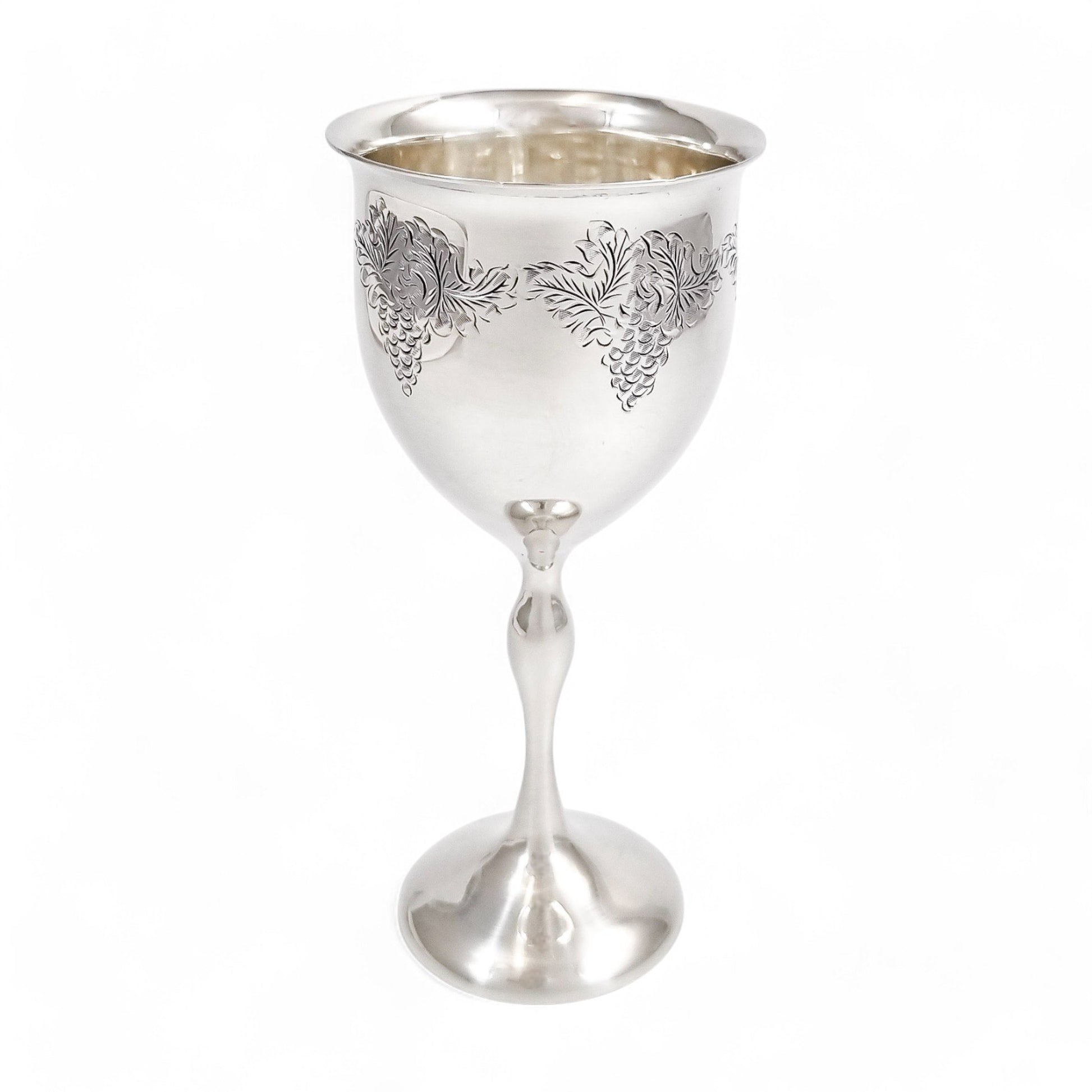 Vintage English sterling silver Kiddush cup with grapevine engraving, Jewish ceremonial goblet, 1969