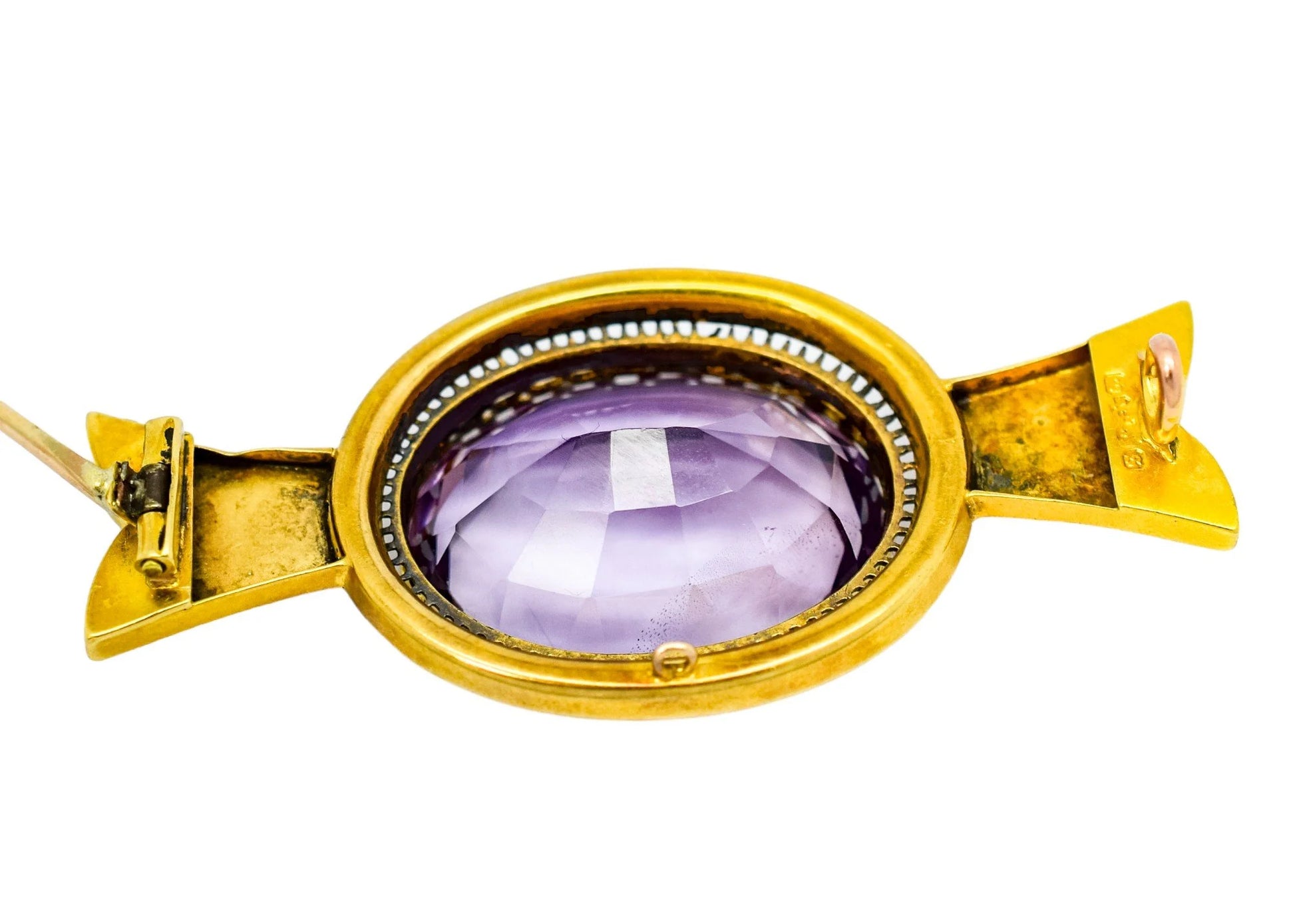Victorian Etruscan 18ct gold brooch with 28ct amethyst, 1892