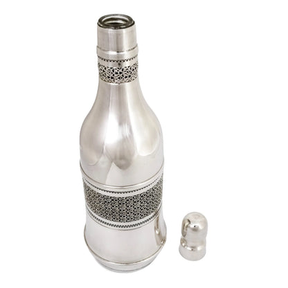 Vintage silver plated bottle sleeve with Arabesque scrolling lattice design, A. Segal