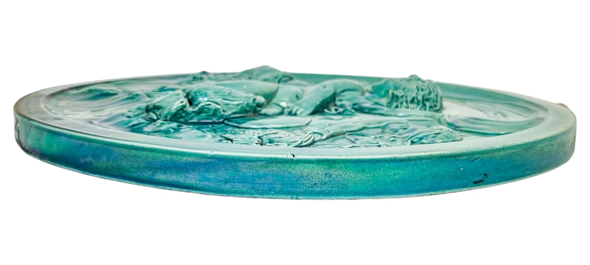 French 1890's Clément Massier huge iridescent turquoise wall charger