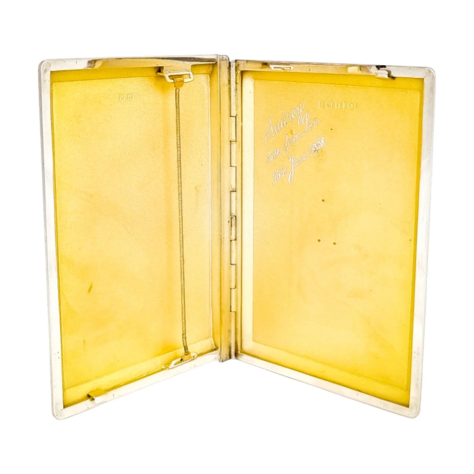 Silver matching cigarette case and powder compact with 9ct rose gold bands and letter "A"
