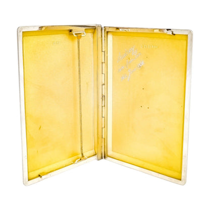 Silver matching cigarette case and powder compact with 9ct rose gold bands and letter "A"