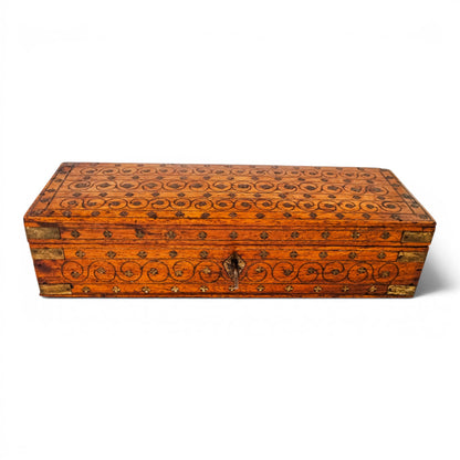 Victorian walnut piqué glove box with lock and key