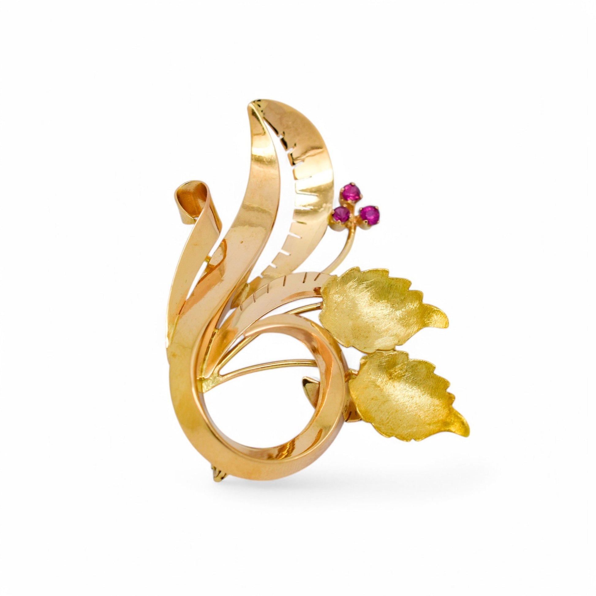 Vintage 1960's boxed Italian Varese 18ct gold floral spray brooch set with pink sapphires