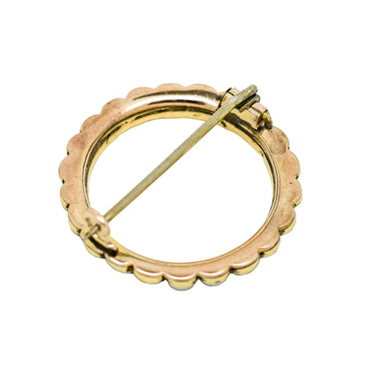Victorian natural half pearl circle brooch / lace pin, 9ct yellow gold