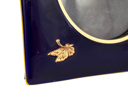 Arts & Crafts Limoges porcelain cobalt blue picture frame, gilded flowers and butterfly