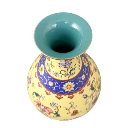 Chinese Guangxu yellow ground Yangcai floral Yuhuchunping porcelain vase in Qianlong style