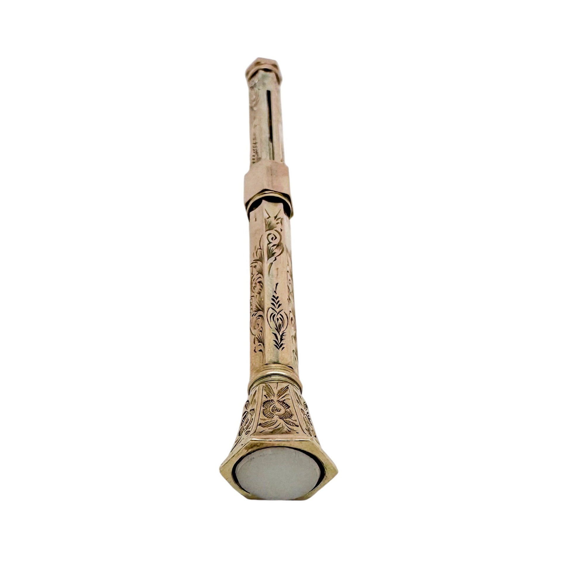 Victorian 9ct rose gold agate seal top hexagonal propelling pencil, engraved with flowers
