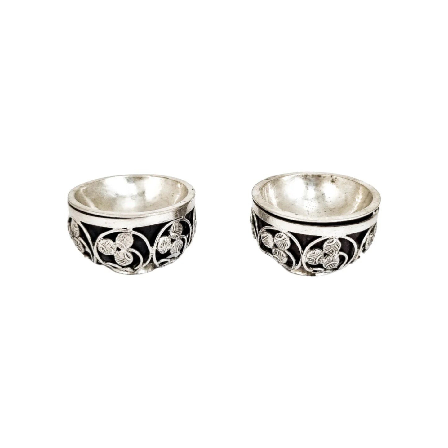 1880's Travancore silver Chuckram coin pair of table salt cellars, 56 coins