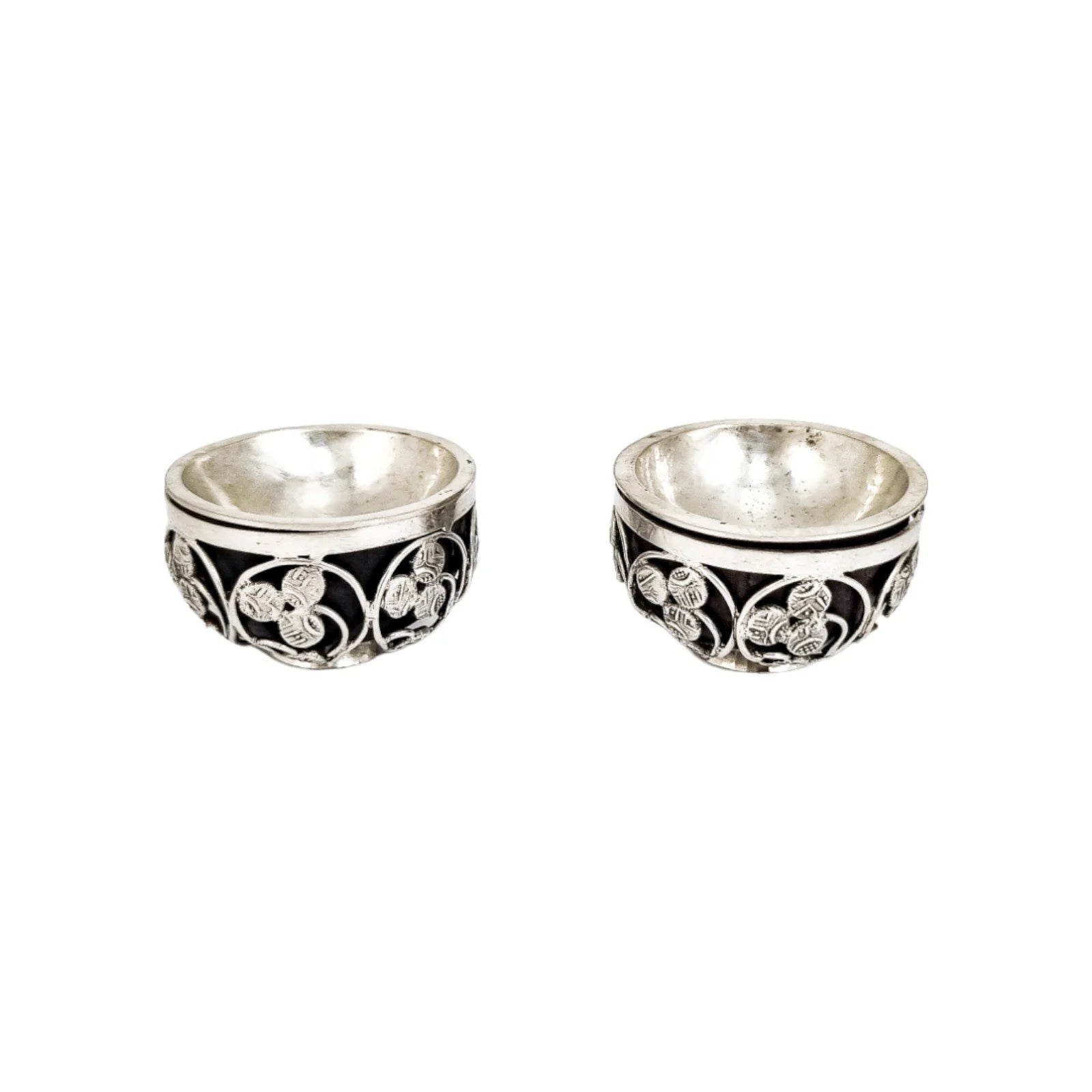 1880's Travancore silver Chuckram coin pair of table salt cellars, 56 coins