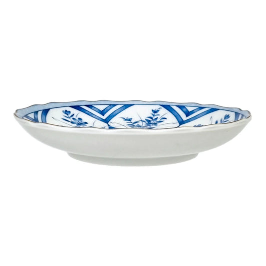 Vintage Japanese blue and white porcelain scalloped plate with flowers