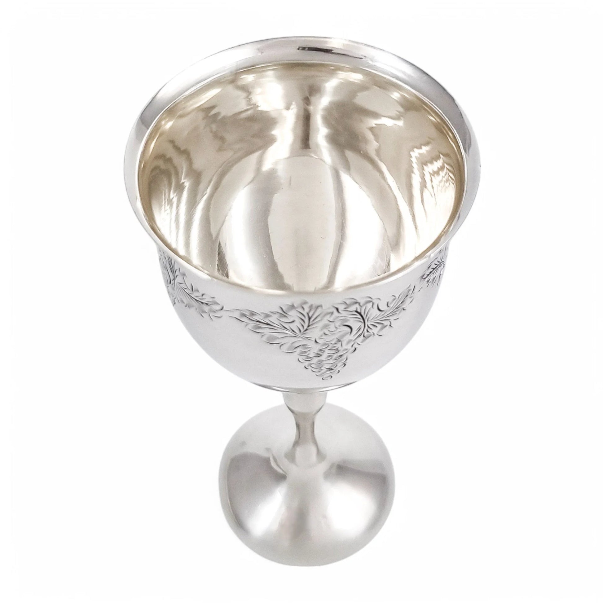 Vintage English sterling silver Kiddush cup with grapevine engraving, Jewish ceremonial goblet, 1969