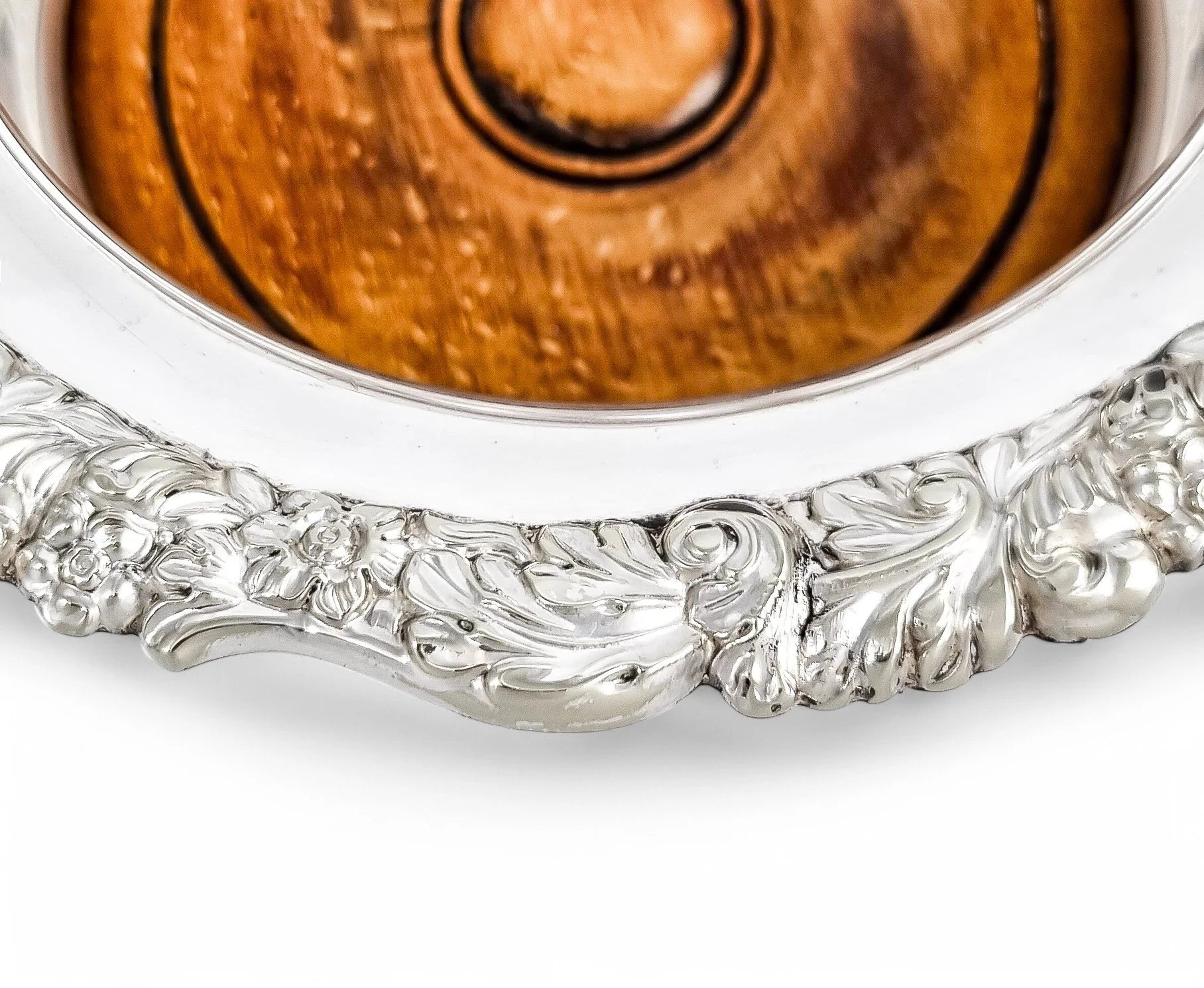 Antique silver plated magnum bottle coasters with Rococo foliate borders and mahogany bases, c. 1880s