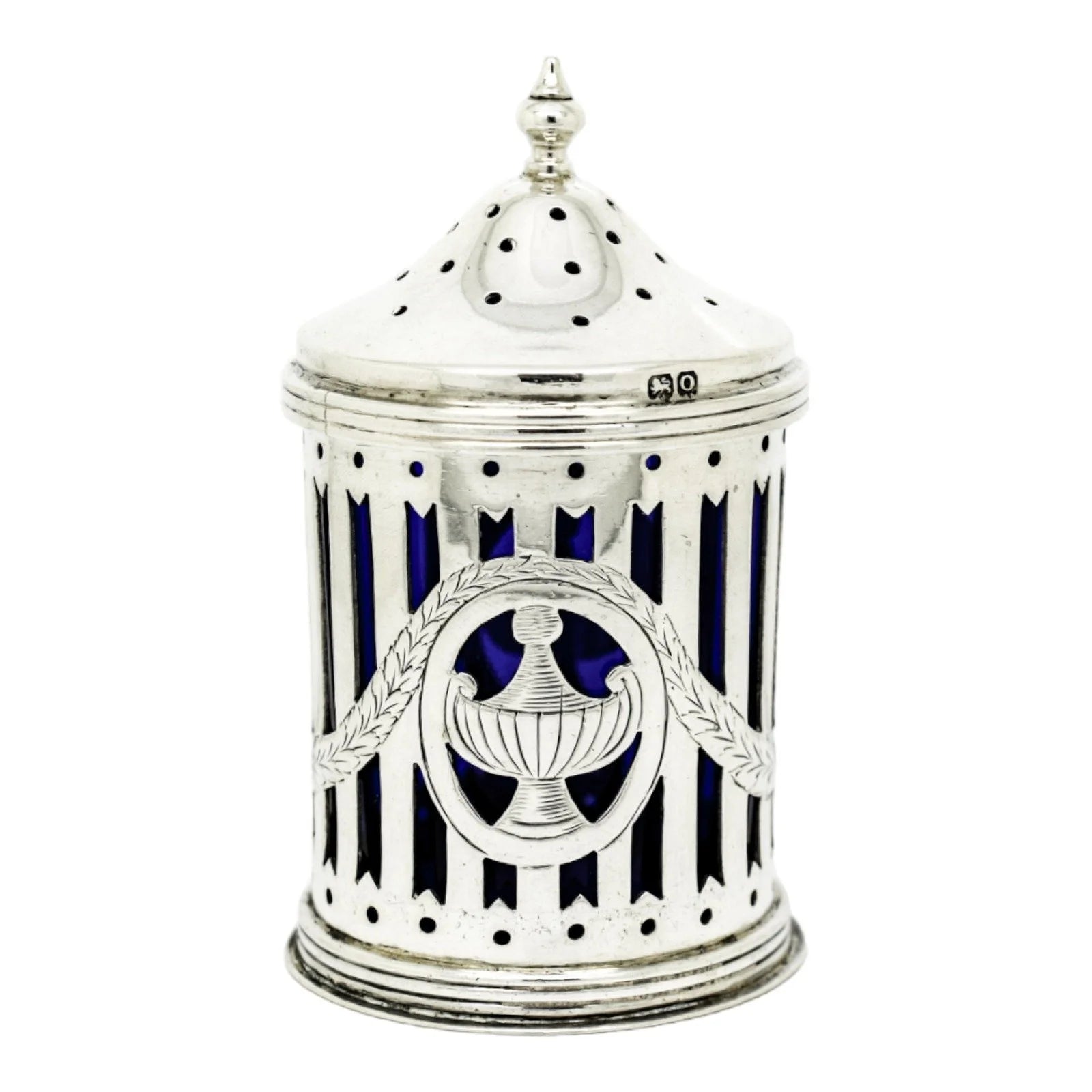 Neoclassical urn sterling silver Bristol glass pepper shaker / sugar caster/ muffineer