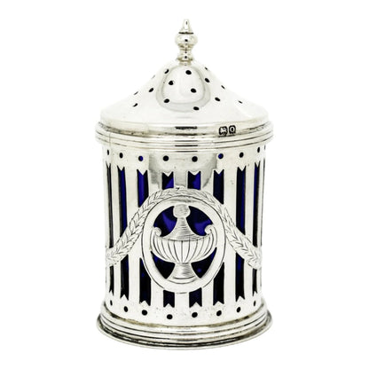 Neoclassical urn sterling silver Bristol glass pepper shaker / sugar caster/ muffineer