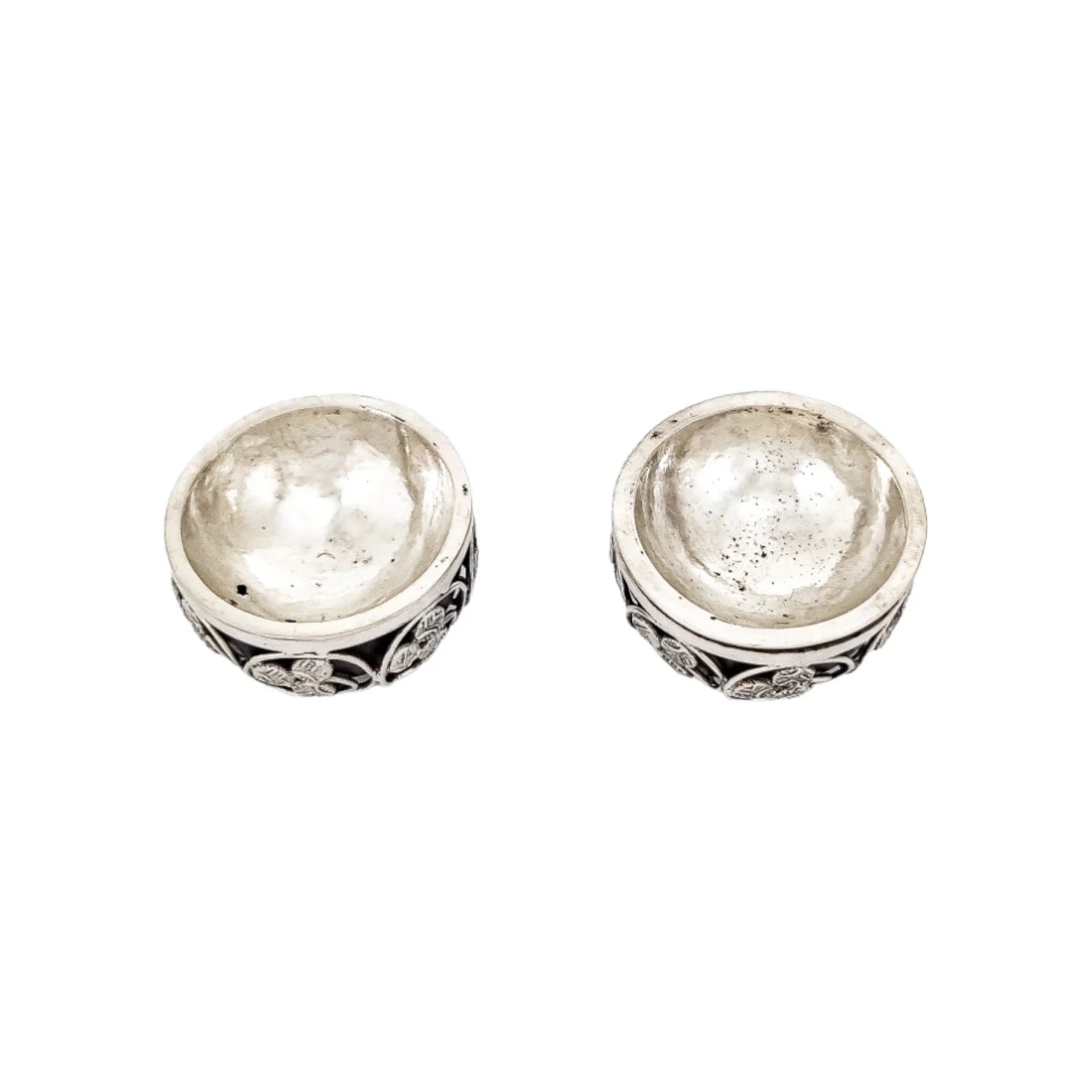 1880's Travancore silver Chuckram coin pair of table salt cellars, 56 coins