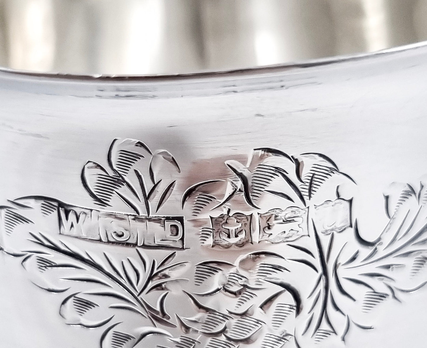 Vintage English sterling silver Kiddush cup with grapevine engraving, Jewish ceremonial goblet, 1969