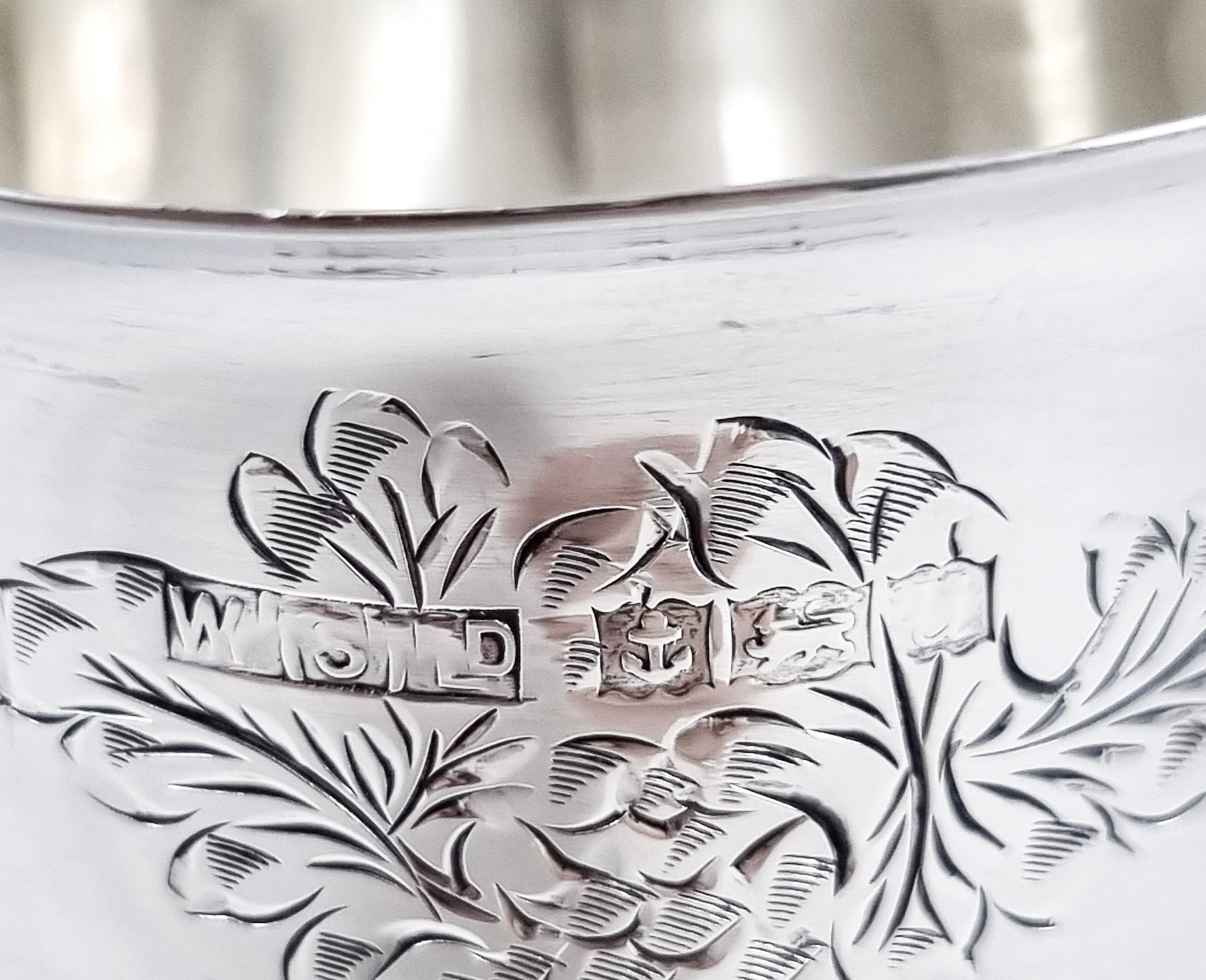 Vintage English sterling silver Kiddush cup with grapevine engraving, Jewish ceremonial goblet, 1969