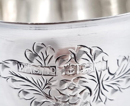 Vintage English sterling silver Kiddush cup with grapevine engraving, Jewish ceremonial goblet, 1969