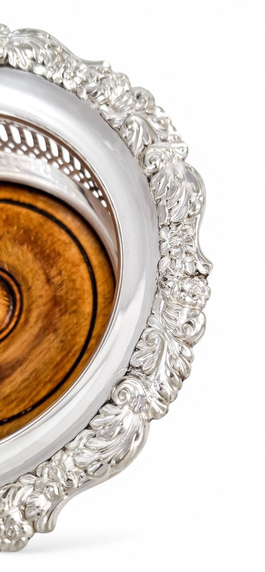 Antique silver plated magnum bottle coasters with Rococo foliate borders and mahogany bases, c. 1880s