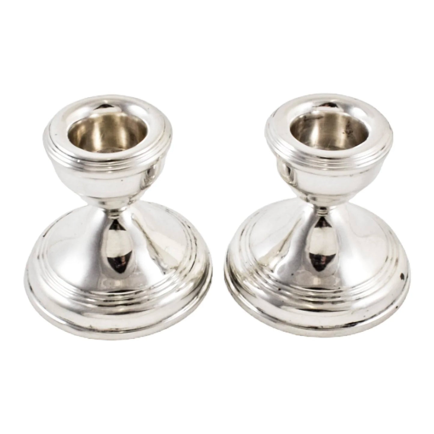Vintage pair of sterling silver dwarf squat candlesticks on round bases