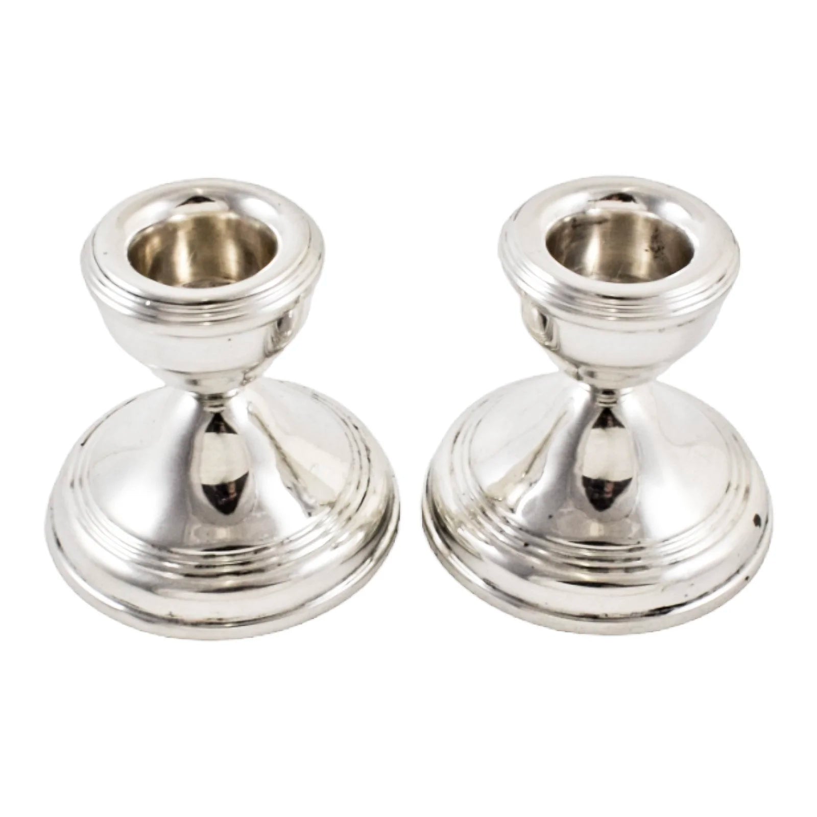 Vintage pair of sterling silver dwarf squat candlesticks on round bases