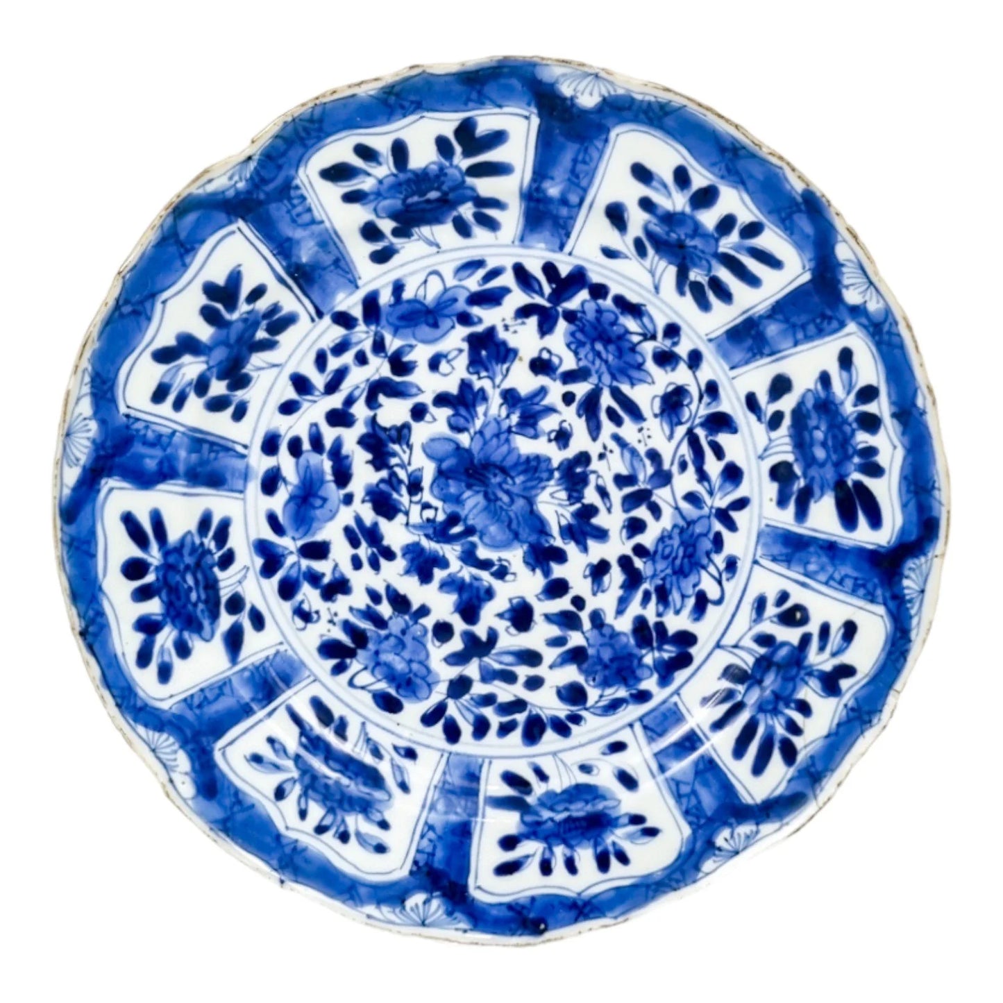 17th century Chinese Kangxi blue and white porcelain plate, Artemisia leaf mark