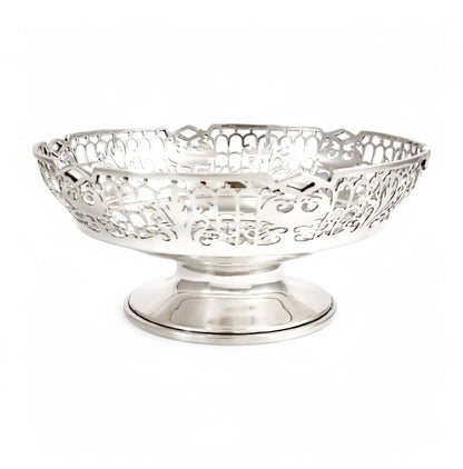 Large sterling silver pedestal basket with pierced foliate and trellis decoration, Sheffield 1953