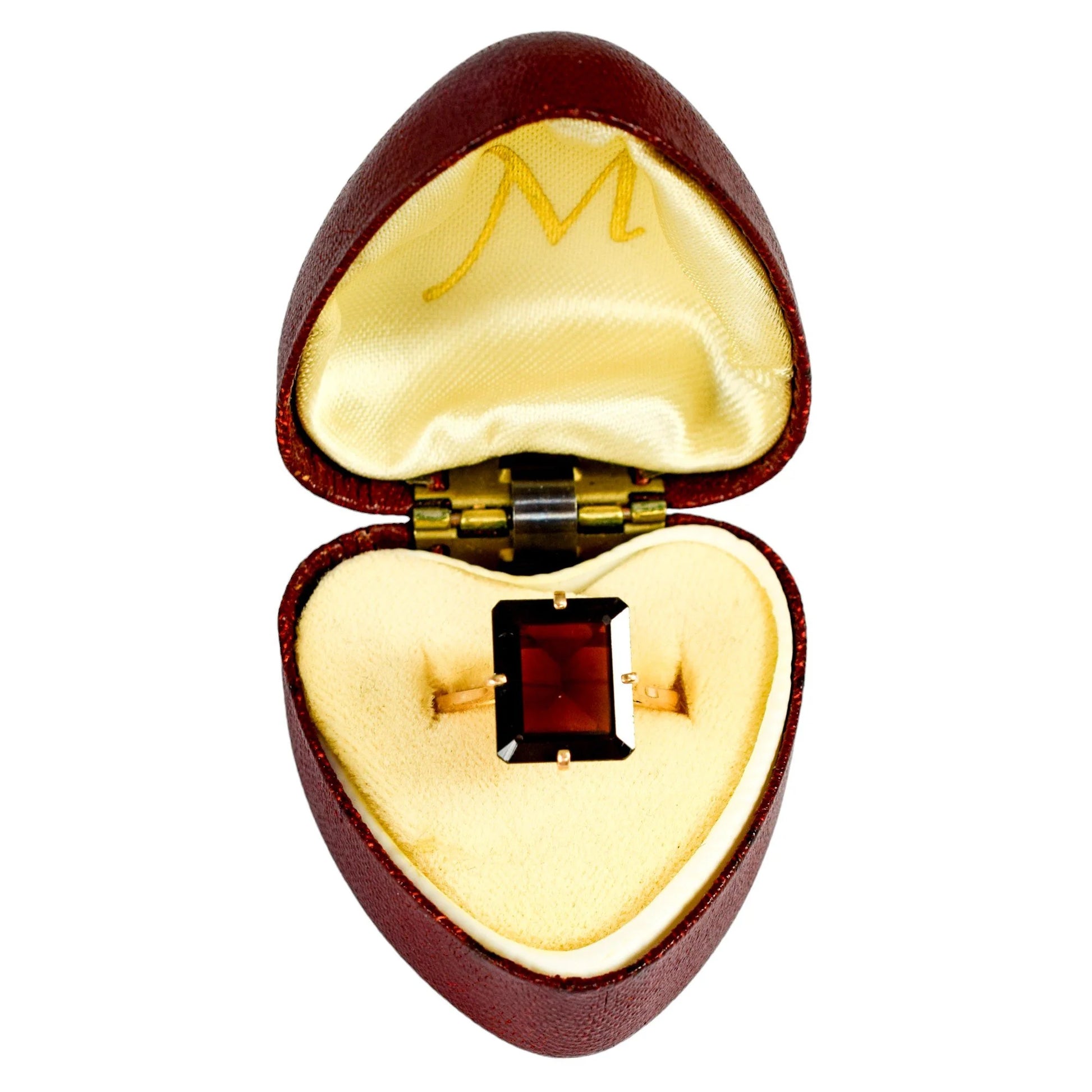 Antique 15ct yellow gold solitaire ring with 6.5ct emerald-cut garnet