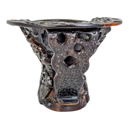 Vintage Chinese buffalo horn libation cup with scholars and prunus