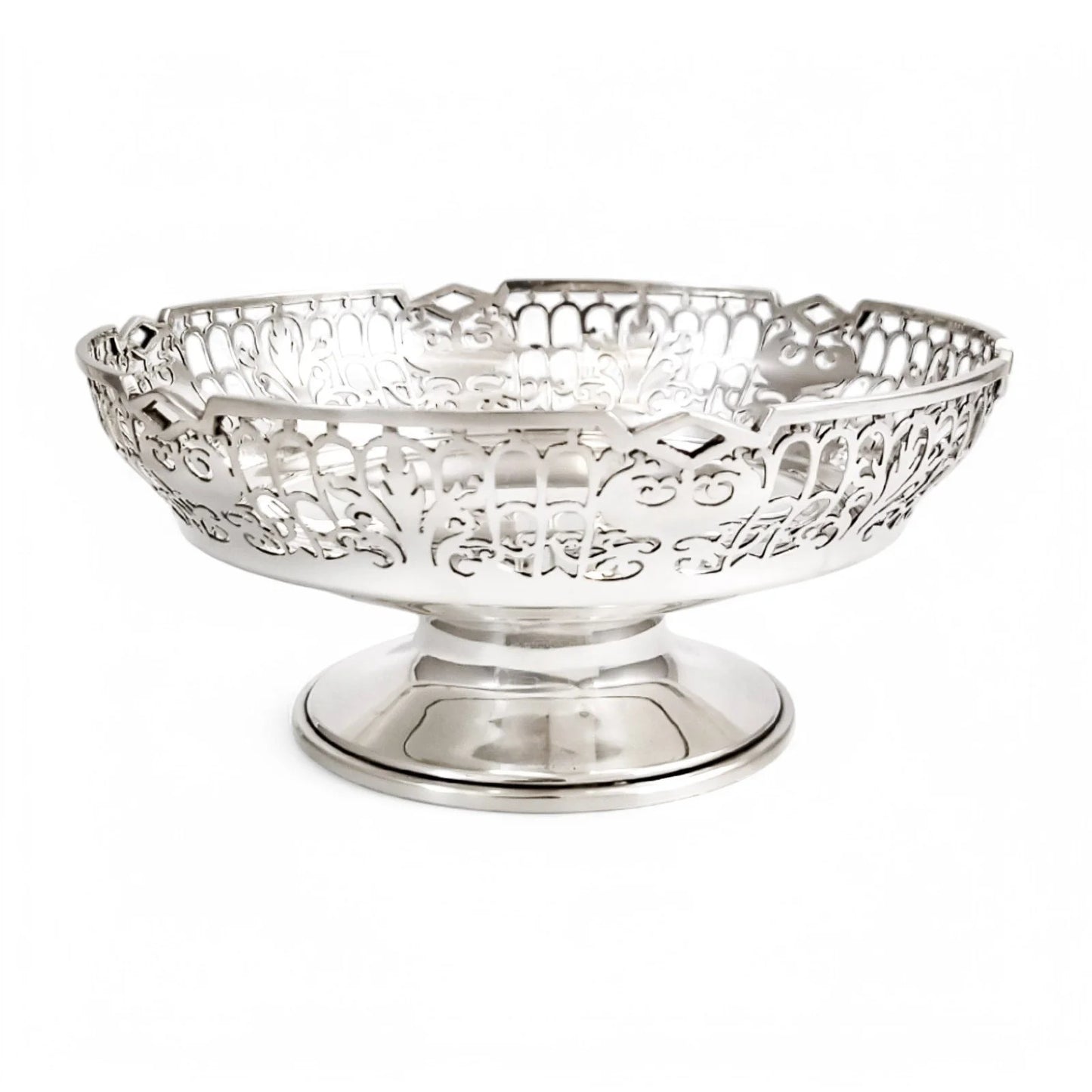 Large sterling silver pedestal basket with pierced foliate and trellis decoration, Sheffield 1953