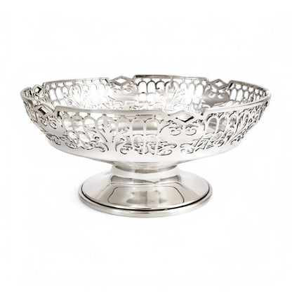 Large sterling silver pedestal basket with pierced foliate and trellis decoration, Sheffield 1953