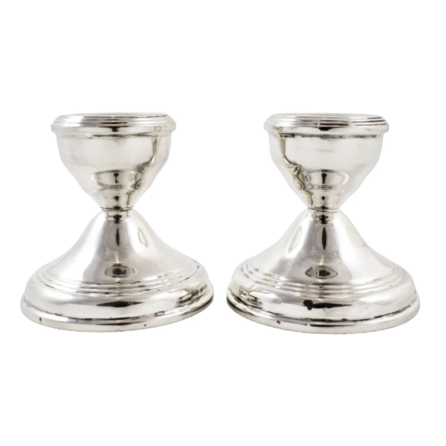 Vintage pair of sterling silver dwarf squat candlesticks on round bases