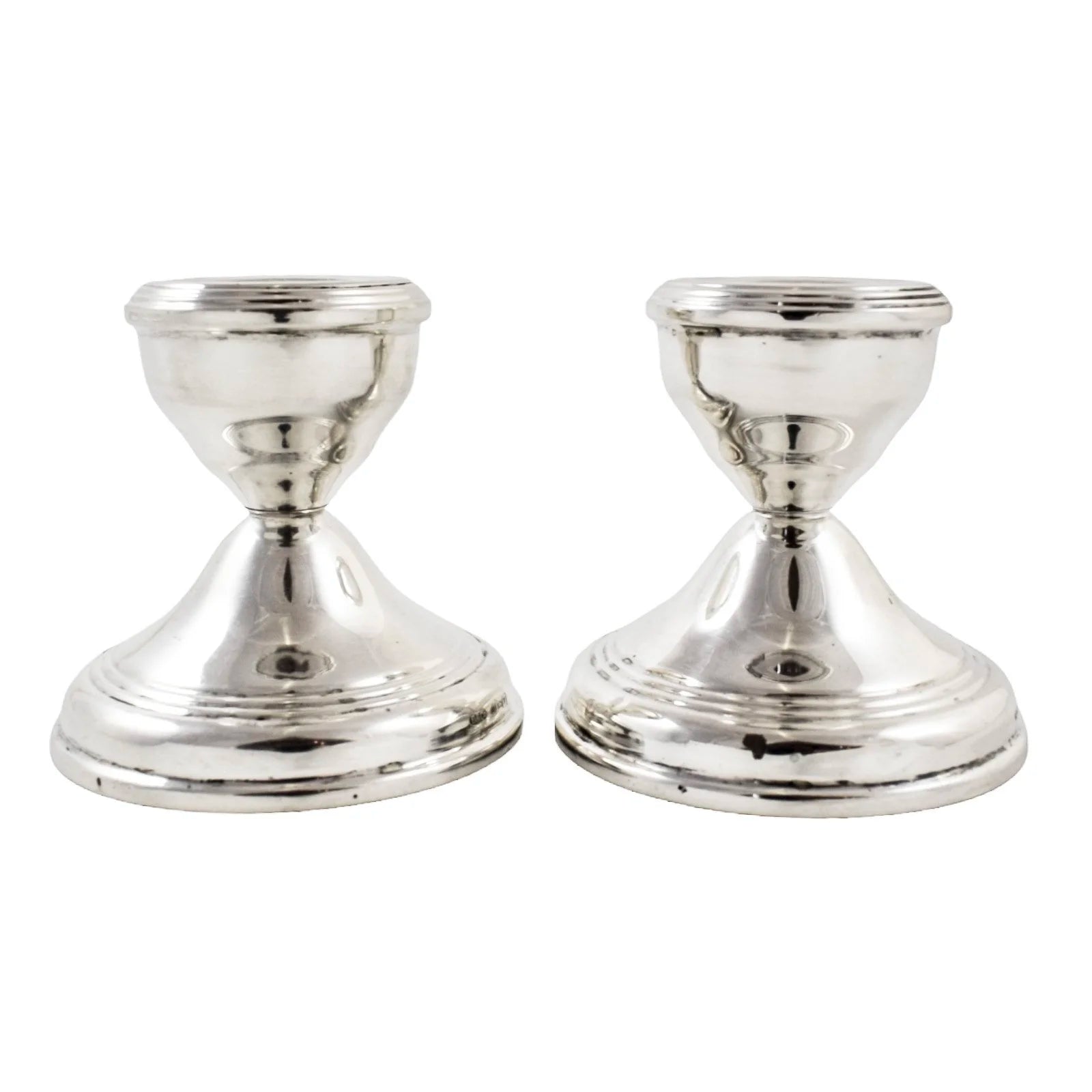 Vintage pair of sterling silver dwarf squat candlesticks on round bases