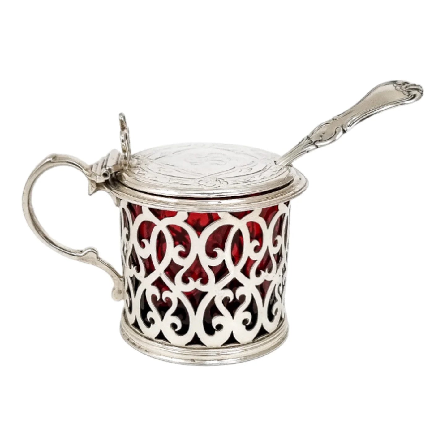 Victorian sterling silver large mustard with ruby liner and spoon condiment set, 1865