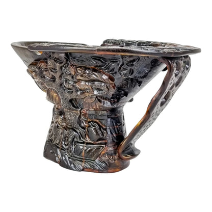 Vintage Chinese buffalo horn libation cup with scholars and prunus